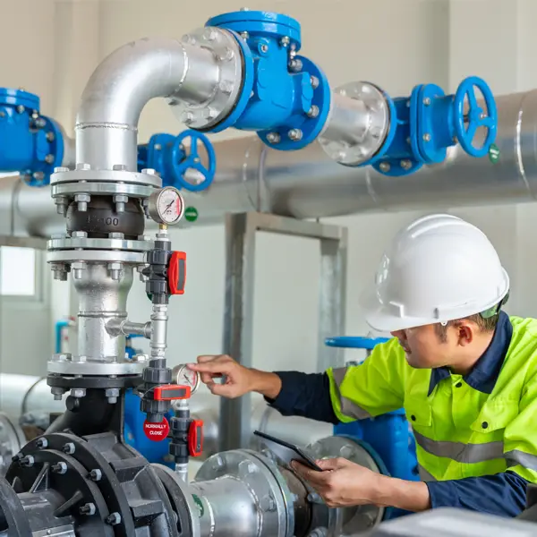 Power industry worker maintaining valves